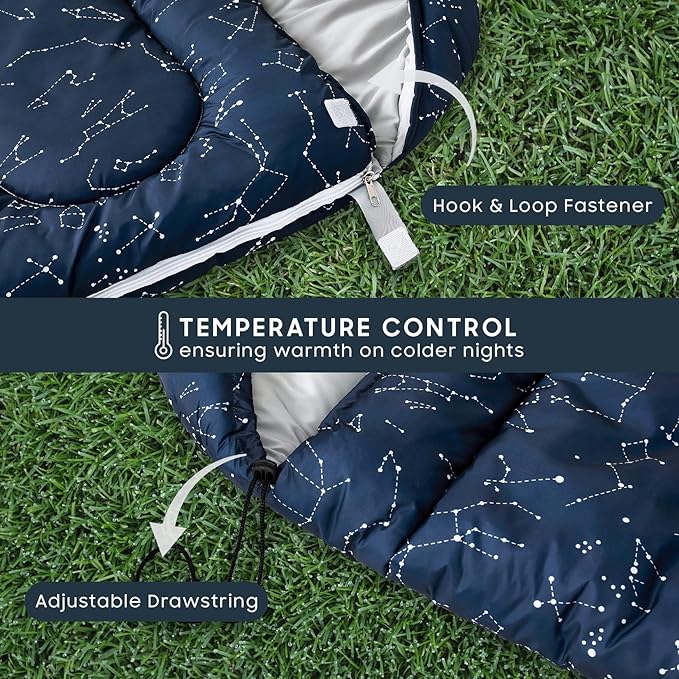 Wake In Cloud - Kids Sleeping Bag for Boys Toddlers Camping in Warm Cold Weather Backpacking Lightweight Compact Outdoor Liner for 3 Seasons Constellation Galaxy