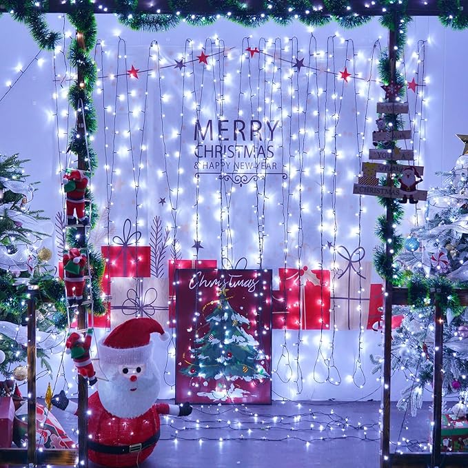YEGUO Christmas Lights Battery Operated 2 Pack Each 33ft 100 LED White String Lights Outdoor Waterproof 8 Modes Green Wire Fairy Light Indoor with Remote