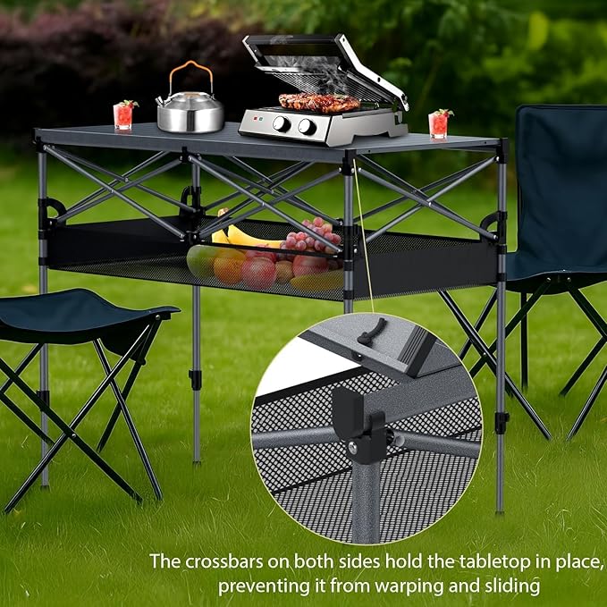 Anbte 34.2” Tall Camping Table Foldable 2 Adjustable Height Large Roll Up Camping Table Support 264lbs with Storage Basket and Bag Waterproof for Travel BBQ Outdoor Patio 39.4” x 19.7” Black