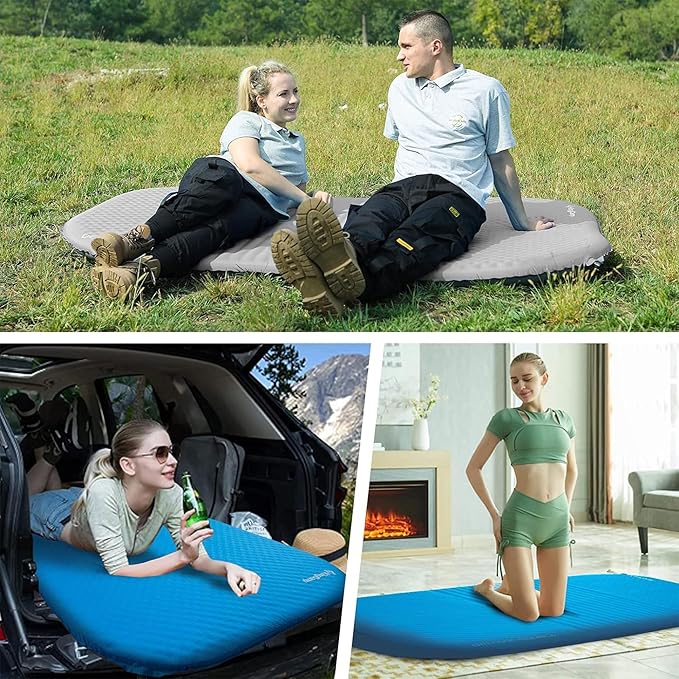 KingCamp Double Sleeping Pad 2 Person Queen R 7.5 Self Inflating Sleeping Pad 3 Thick Foam Mattress Mat with Contoured Design &amp Honeycomb Surface Cut for Camping Tent Car Backpacking (BLUE/CHARC