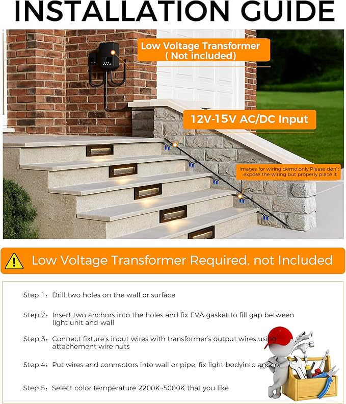 [6 Pack] Cloudy Bay 9 Inch 5CCT Low Voltage LED Outdoor Step Lights 12V-15V 3W/5W Dual-Bright Selectable Landscape Stair LightsExterior Deck Lights AluminumMetal Black