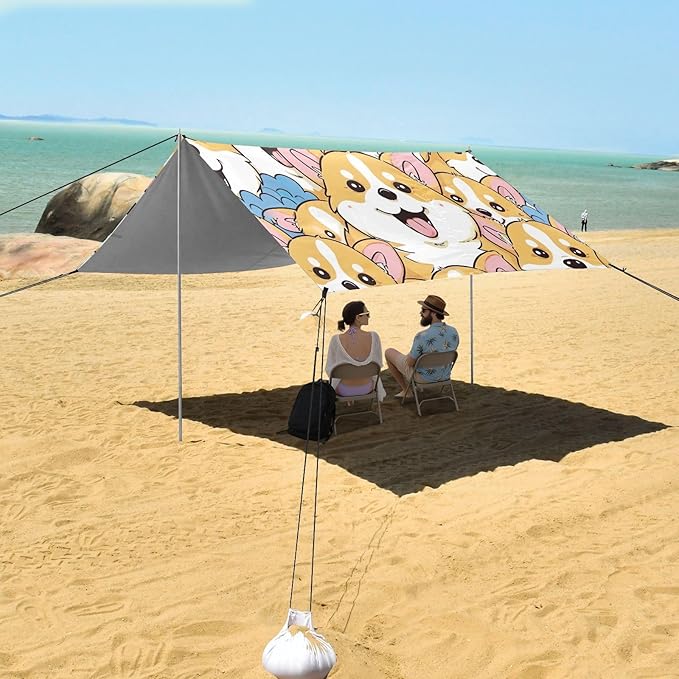 Cartoon Corgi Pattern Beach Tent Sun Shelter 9.2' x 10.5' Beach Canopy with 4 Sandbags 4 Stability Poles Sand Shovels - Tent Canopy for Beach Camping Fishing Picnics