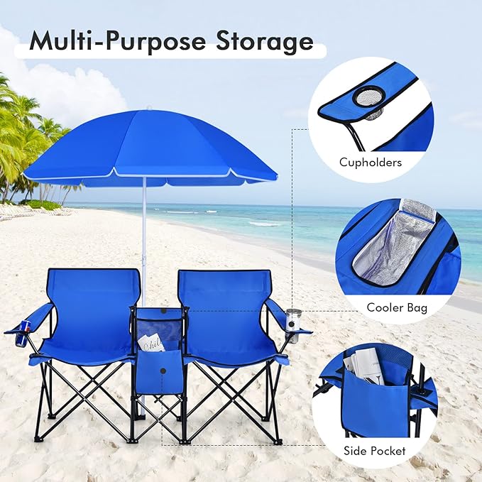 KOTEK Double Camping Chair Folding Camp Chair with Removable Umbrella Cup Holders Cooler Bag Side Pocket &amp Carry Bag 2-Person Beach Chair for Outdoor Sports Concerts Travel Picnic (Blue)