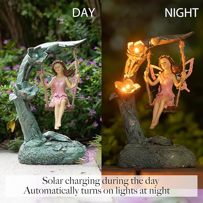 Garden Flower Fairy Outdoor Statue Decor Funny Swing Fairy Ornaments Figurines for Patio Lawn Yard Porch Outside Garden Gifts9.05 Inches Tall ﻿ ﻿ ﻿