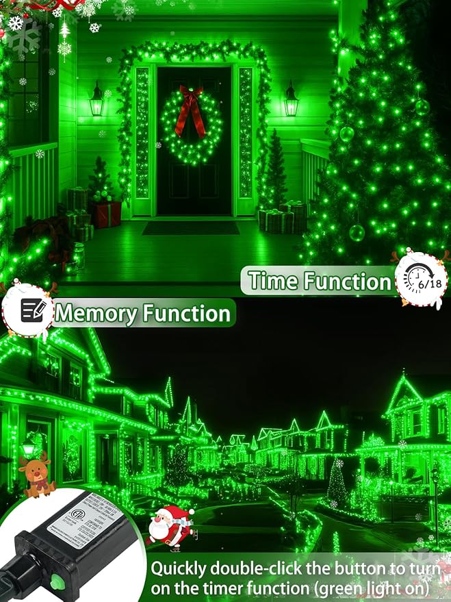2-Pack 66FT 200 LED St. Patrick's Day Lights 13 Modes Extendable Christmas Tree Lights with Timer &amp Memory Waterproof Twinkle Fairy Lights Green Wire Outdoor String Lights Indoor for Xmas (Green