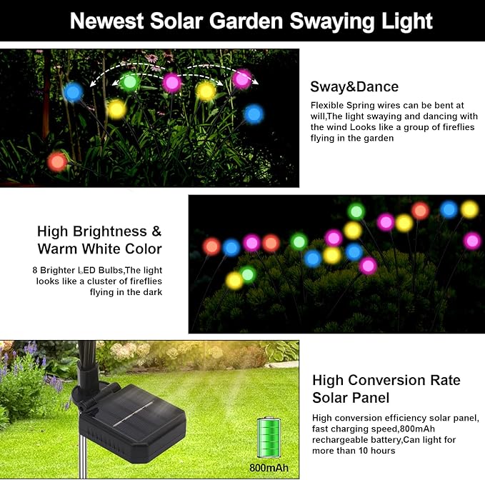 Solar Firefly Lights Outdoor Waterproof8 Mode RGB Color Changing Firefly Swaying Solar Lights Stakes for Outside Christmas Holiday Yard Patio Plant Landscape Garden Decor 4 Pack(Multicolor)