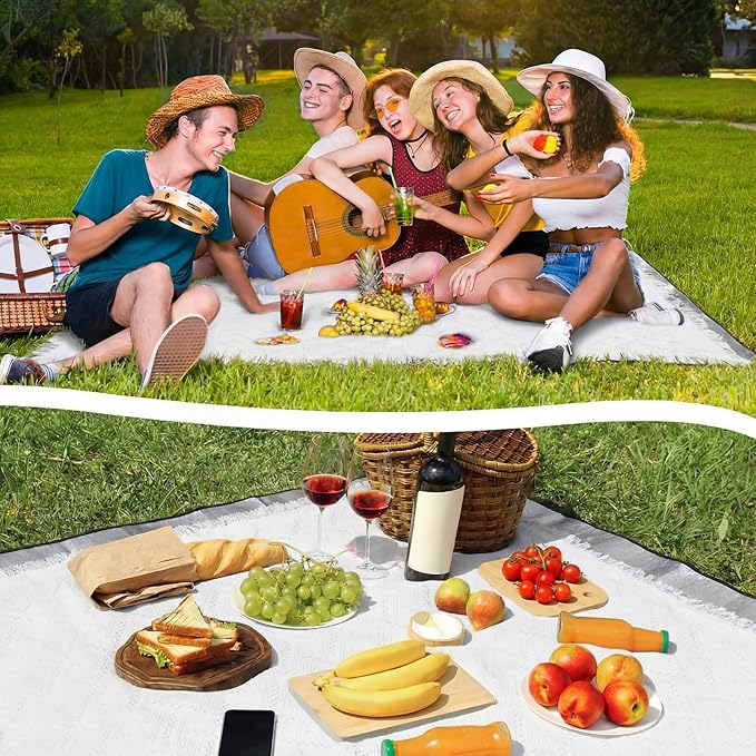 110×134'' Extra Large Outdoor Picnic Blanket with Waterproof Mat Oversize Beach Woven Cotton Yarn Blanket with Fringe Machine Washable Sandproof Portable for Spring Summer Camping Beach Park