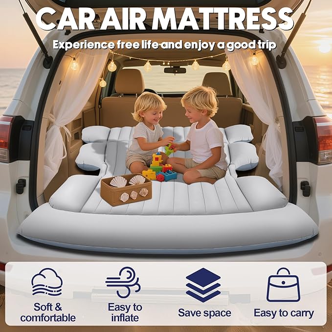 SUV Air Mattress with Air PumpThickened Camping Bed with 2 PillowsPortable Car Air MattressQuick Easy Set-UpInflatable Bed for carDurability Car Bed for SUVHomeTravelCamping(GreyWhite)