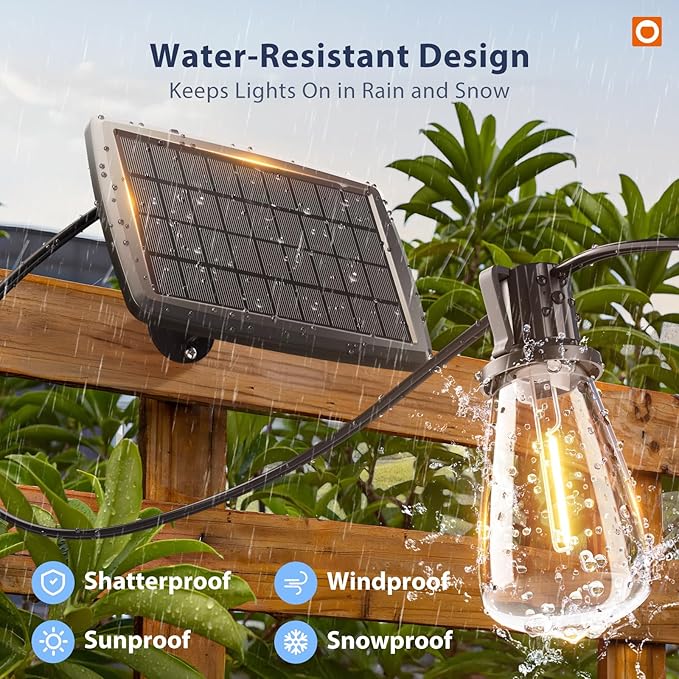 addlon 102FT(96+6) Solar String Lights Outdoor with Remote Waterproof Patio Lights with 30 Shatterproof LED Bulbs 30H+ Long-Lasting Dimmable &amp Timable Solar Light for Backyard Camping Garden Dec