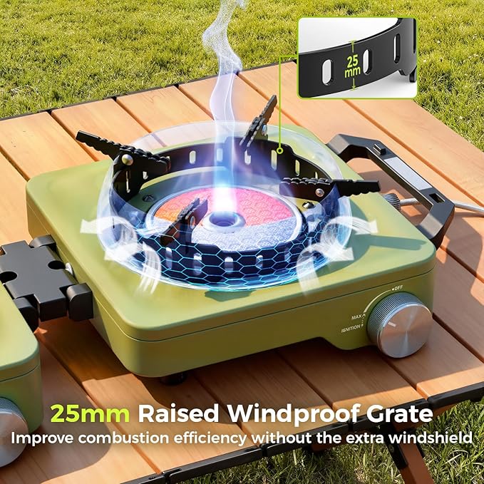 MoKo Propane Camping Stove 2 Burner 36000 BTU Infrared &amp Open Flame Hybrid Windproof Folding Portable Outdoor Gas Cooking Kit with Frying Pan &amp Carry Bag For RV Tailgating Survival Green