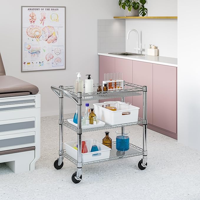 Seville Classics UltraDurable NSF Commercial Heavy Duty Metal Rolling Utility Cart Handle Bar for Restaurant Garage Warehouse Kitchen Office Deep Top Basket (34.8W x 18.25D)