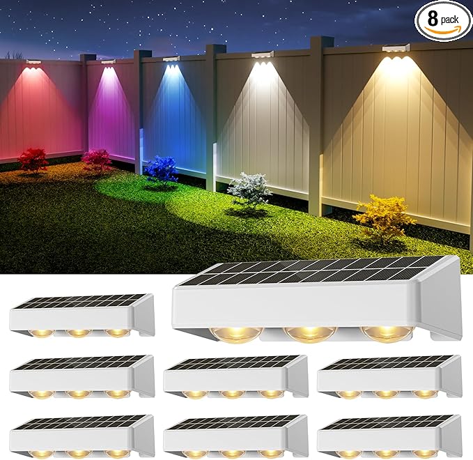 NIORSUN Solar Fence Lights8 Pack Solars Deck LightRGB ColorOutdoor Bulb Waterproof Led IP65Power Patio Lamp with Lenses for Outside/Backyard/Railing/Yard(White)