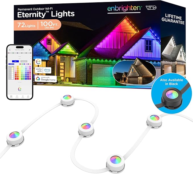 Enbrighten Vibe Eternity Permanent Outdoor Lights for House 100 Feet 72 RGBWIC LEDs Close Spacing 33lm Color Changing Christmas Eave Lighting Smart App Works with Alexa Google Home 81103
