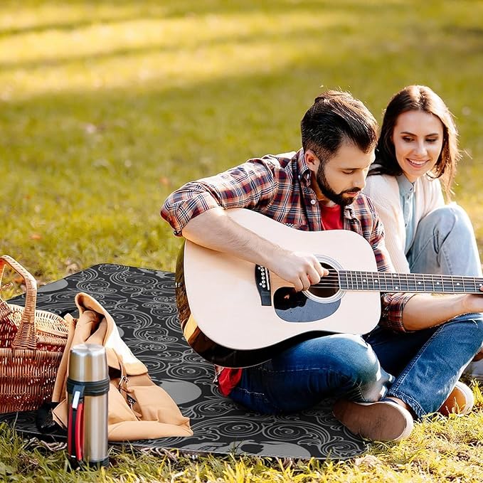 Gothic Skulls Damask Style Black White Waterproof Outdoor Picnic Blanket Sandproof Beach Mat for Camping Hiking Grass Travelling