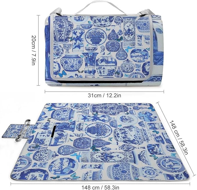 Blue and White Folk Chinese Chinoiserie Style Waterproof Outdoor Picnic Blanket Sandproof Beach Mat for Camping Hiking Grass Travelling