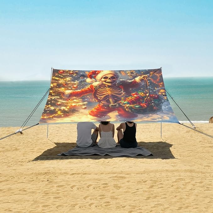 ALAZA Christmas Skull Beach Tent Sun Shelter UPF50+ Protection Beach Shade Canopy w/ 4 Sandbags for Outdoor Camping Fishing Backyard Fun Picnic 10x9 ft