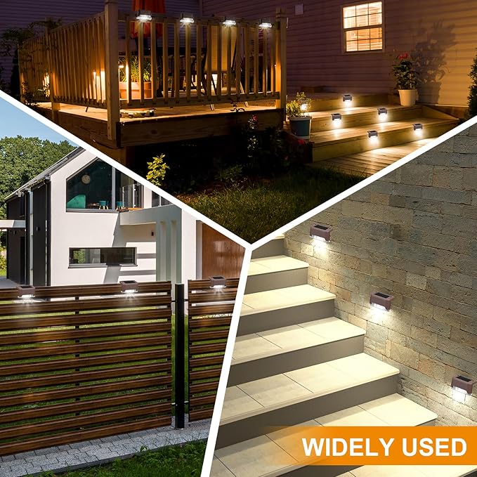 Geelin 32 Pcs Solar Deck Lights Outdoor Waterproof LED Solar Step Fence Lights for Stairs Step Railing Patio Driveway Garden Pathway and Yard(Brown Shell Cool White Light)