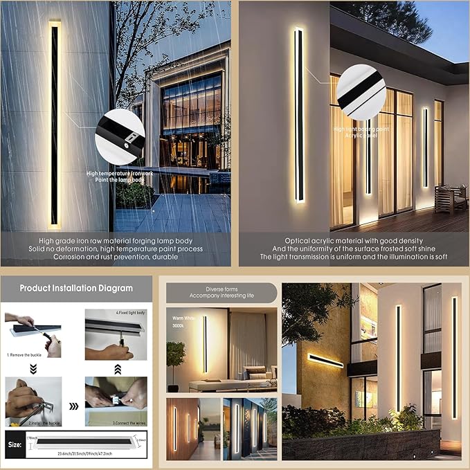 2Pack-71INCH Long Outdoor LED Wall Lights55W Waterproof IP65 Warm White 120V LED Wall Mount Light Fixture Acrylic Black Exterior Wall Lights for House Courtyard Balcony Porch