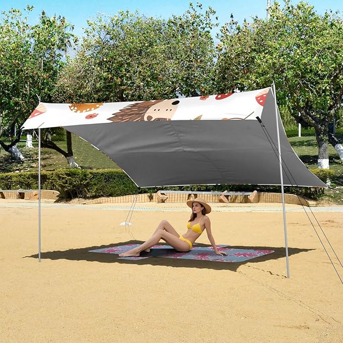 Cute Hedgehogs and Forest Mushrooms Camping Sun Shelter Beach Tent Portable Beach Sun Shade Outdoor Canopy for Camping Trips Fishing Picnic