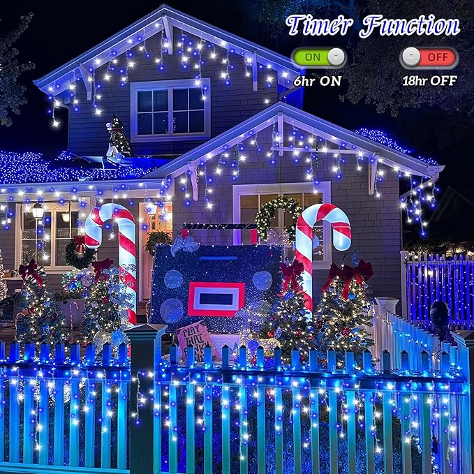 QITONG Blue and White Icicle Lights for Outside 33ft 400 LED String Light Indoor Plug in 8 Modes Connectable Icicle Christmas Light Clear Wire