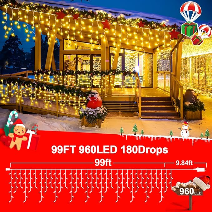 KNONEW 99ft 960 LED Christmas Lights Outdoor Decorations with 180 Drops 8 Modes Curtain Fairy Light Clear Wire LED String Light Indoor Decor for Wedding Party Christmas(Warm White)