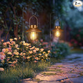 pearlstar 2 Pack Solar Lights Outdoor Hanging Solar Lanterns with Edison Bulb and 2 x 32 Inch Shepherd Hooks Waterproof Landscape Lighting for Garden Patio Yard Pathway Driveway Lawn (Copper)
