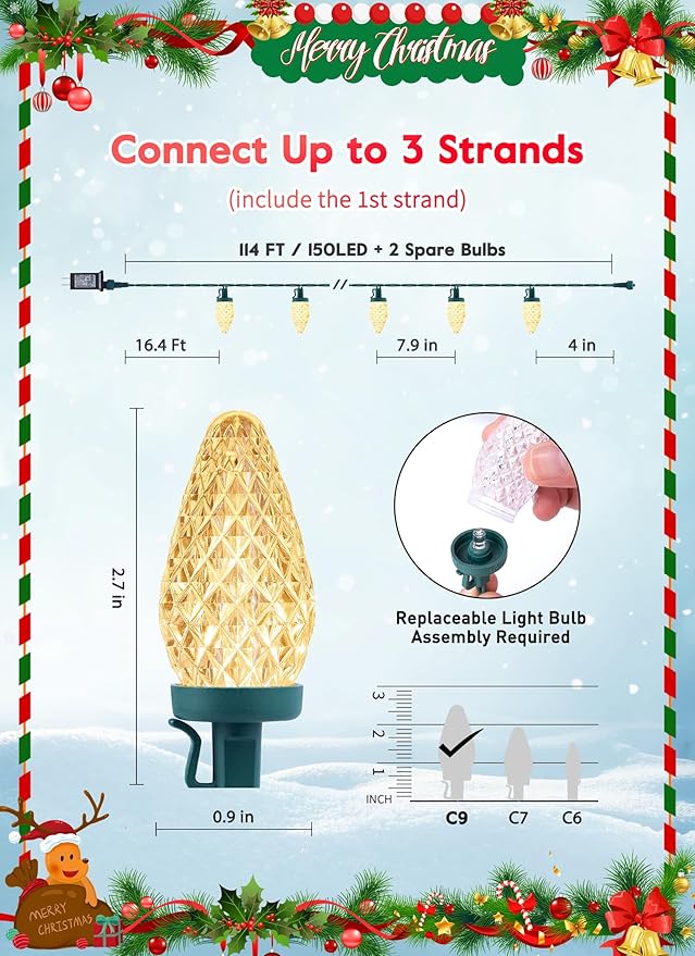 C9 Christmas Lights Outdoor 114 Feet 150 LED C9 String Lights with Timer &amp 8 Light Modes Waterproof Commercial Grade Connectable Christmas Tree Lights for Indoor Outside Roofline Patio Warm Whi