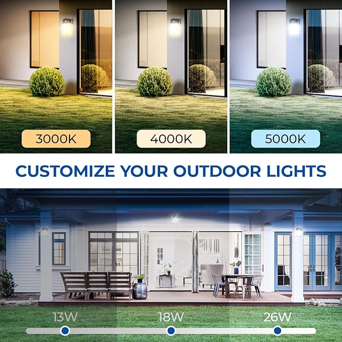 CINOTON 26W LED Wall Pack Light with Dusk to Dawn Sensor 3CCT 3000K/4000K/5000K 26W/18W/13W Switchable [100-277Vac] IP65 Waterproof Outdoor Security Flood Lighting for Garage Warehouse 2 Pack