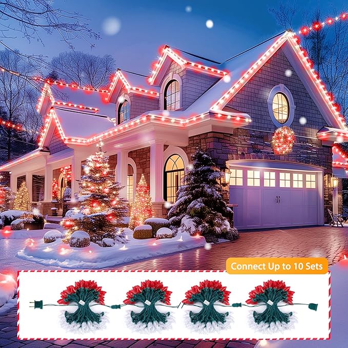Brightown C9 LED Christmas String Lights 2 Pack Total 132ft 200LED Outdoor Lights String Plug-in Connectable Waterproof Roofline Lights String for Outside Yard Christmas Holiday Decor Red and White