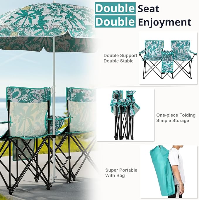 Double Camping Chair with Umbrella Folding Beach Chair Loveseat Chairs with Canopy Shade and Cooler Bag Double Rocker Chair Outdoor for Camping Beach Picnic Fishing Patio Pool Park