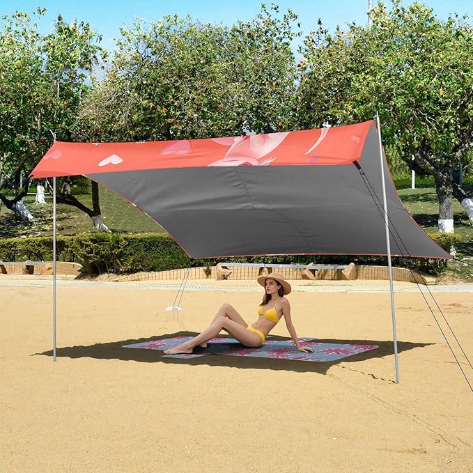 ALAZA Axolotl Salamander Sunglasses Heart Beach Tent Sun Shelter UPF50+ Protection Beach Shade Canopy w/ 4 Sandbags for Outdoor Camping Fishing Backyard Fun Picnic 10x9 ft