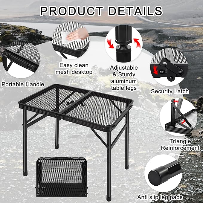 jkwokback Grill Table Camping Table Portable Folding TableHeight Adjustable Collapsible with Mesh DesktopLightweight Metal Table for Camp BBQ Picnic RV Outdoor Cooking Travel