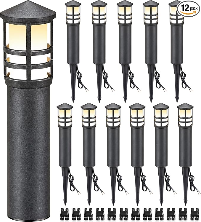 SUNVIE 12-Pack Low Voltage Landscape Pathway Lights 3W Outdoor Landscape Lighting 3000K 12-24V LED Bollard Path Lights Wired CRI 90+ Aluminum Pathway Lighting for Walkway Yard Garden ETL Listed Cord