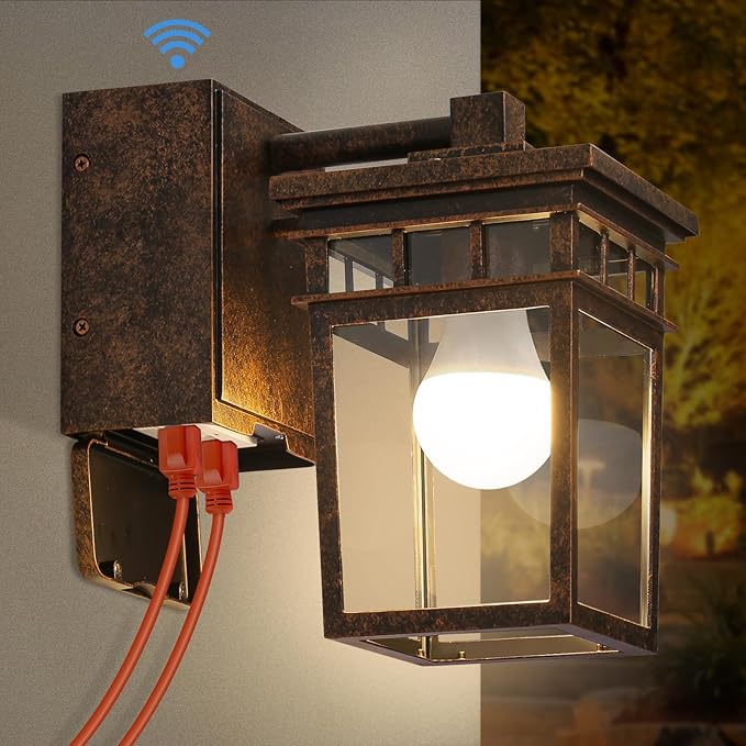 Porch Light with GFCI Outlet Dusk to Dawn Outdoor Lighting with Aluminum Frame and Clear Glass Shade Waterproof Wall Sconce Outside Lights for House Garage Front Door Bulb Included(Antique Bronze)