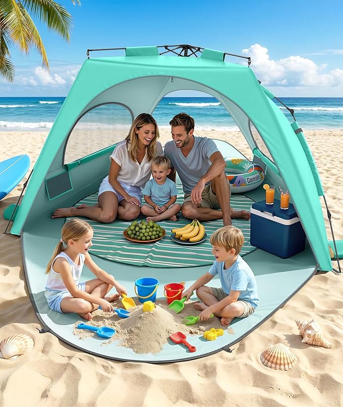 Beach Tent Sun Shelter for 5-6 Person Pop Up Beach Canopy UPF 30+ UV Protection Breathable Mesh Window Portable Sun Shade Tent with Carrying Bag for Sands &amp Outdoor Mint Green Size XL