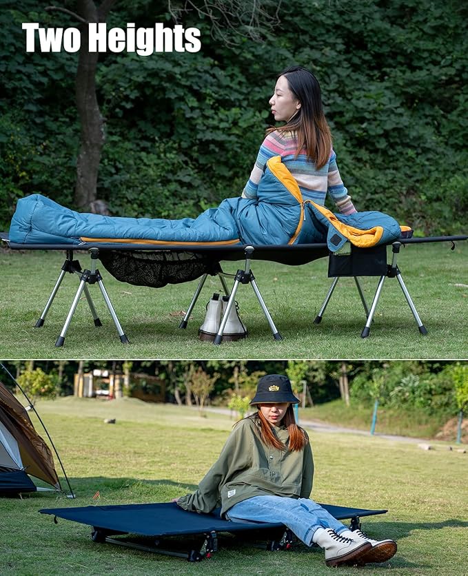 iClimb Super Easy Assemble Folding Cot Ultralight Compact Heavy Duty with Carry Bag for Adults Camping Backpacking (Black Two Heights)