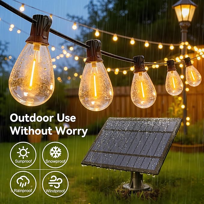 Ollny S11 30FT Solar String Lights Outdoor with Remote Waterproof Dimmable Patio Lights with Timer &amp 3 Lighting Modes 10 Shatterproof Edison Bulbs String Lights for Outside Backyard Party Décor