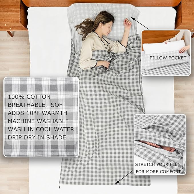 100% Cotton Sleeping Bag Liner with Full Length Zipper on 3 Sides Single/Double Adult Sleep Sack for Travel &amp Camping Multifunctional Travel Sheets (Unzipped 87”x87”) for Hotel Lightweight