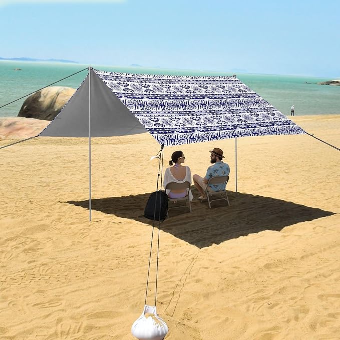 ALAZA Blue Ornament Aztec Art Beach Tent Sun Shelter UPF50+ Protection Beach Shade Canopy w/ 4 Sandbags for Outdoor Camping Fishing Backyard Fun Picnic 10x9 ft