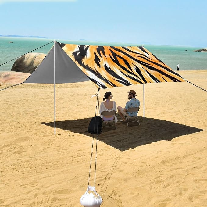 Bolaz Beach Canopy Tent Sun Shade9'×10.5' Large Family Beach Shade UPF50+- Outdoor Shade for Camping Trips FishingTiger Skin