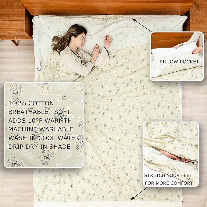 100% Cotton Sleeping Bag Liner with Full Length Zipper on 3 Sides Single/Double Adult Sleep Sack for Travel &amp Camping Multifunctional Travel Sheets (Unzipped 87”x87”) for Hotel Lightweight