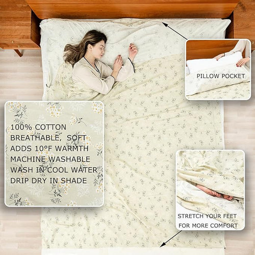 100% Cotton Sleeping Bag Liner with Full Length Zipper on 3 Sides Single/Double Adult Sleep Sack for Travel &amp Camping Multifunctional Travel Sheets (Unzipped 87”x87”) for Hotel Lightweight
