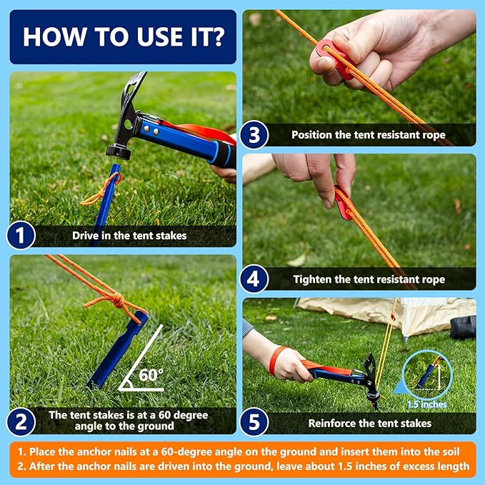 14 Pcs Camping Kit Aluminum Tent Stakes(8Pcs) with Reflective Camping Rope(4Pcs) Camping Hammer(1Pcs) Storage Bag(1Pcs) Suitable for Tent Camping Hiking and Outdoor Adventures