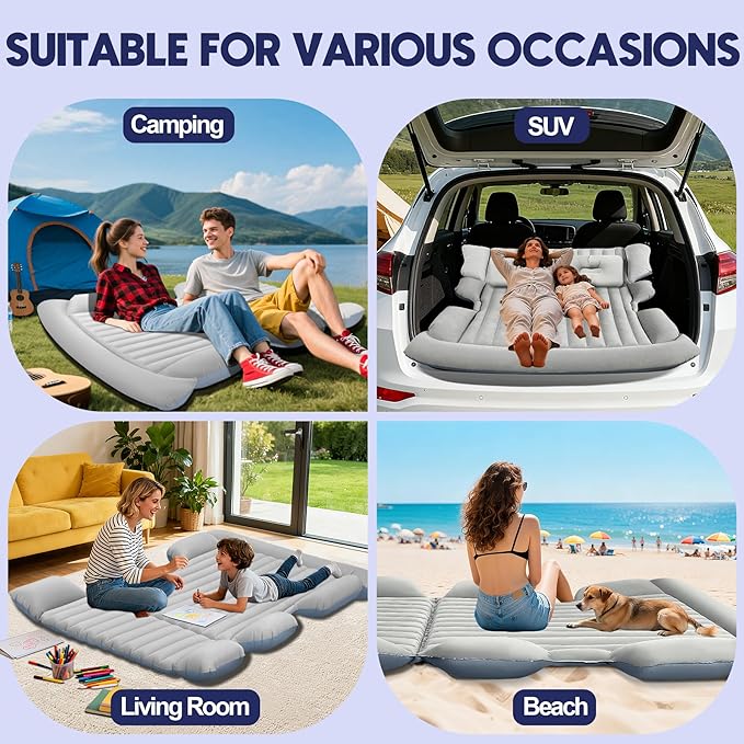 SUV Air Mattress with Air PumpThickened Camping Bed with 2 PillowsPortable Car Air MattressQuick Easy Set-UpInflatable Bed for carDurability Car Bed for SUVHomeTravelCamping(GreyWhite)