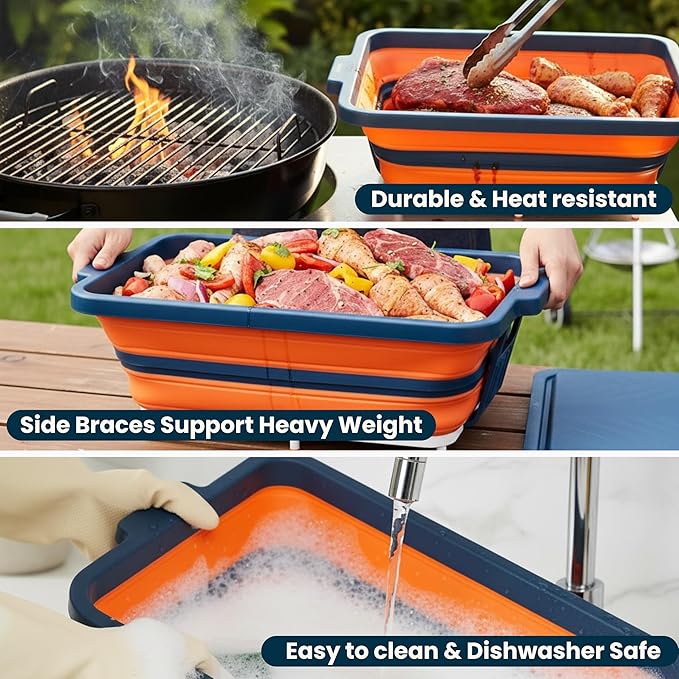 Collapsible BBQ Prep Tub with Lid and Cutting Board – XL Meat Marinating Container – Barbecue Accessory for Brisket Grilling Smoking Tailgate &amp Camping – Brine &amp Meal Prep System for Outdoo