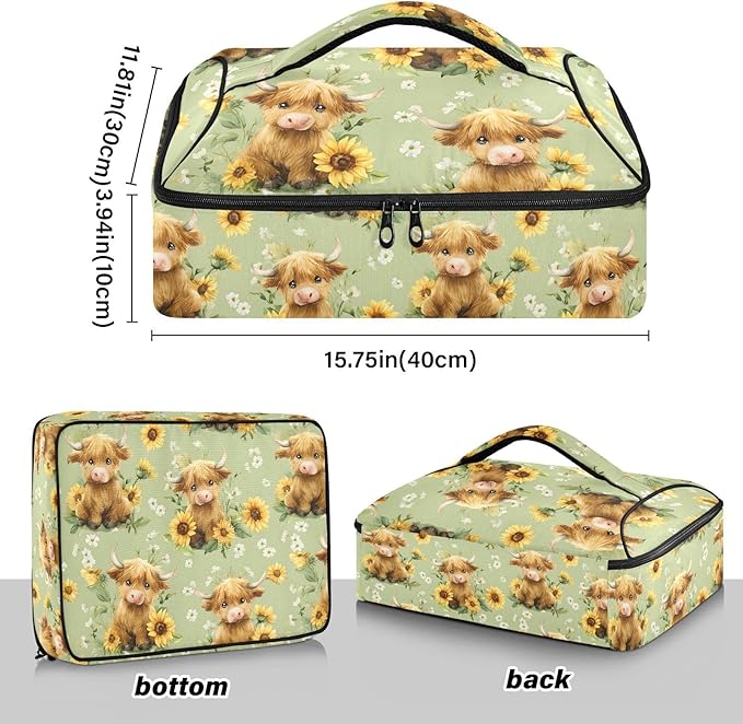 Casserole Carrier Watercolor Pattern Adorable Highland CowsInsulated Casserole Carrier for Hot or Cold Food Thermal Lunch Tote for Potluck Parties Picnic Fits 9 x 13 Inches Baking Dish