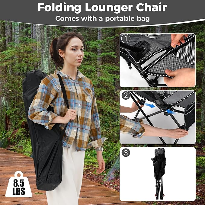 Goplus Camping Lounge Chair w/Detachable Footrest Folding Beach Chair w/4-position Backrest Carrying Bag Removable Pillow Cup Holder Storage Pouch Reclining Chair 330LBS Capacity (Grey1)