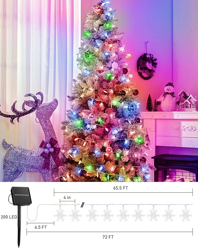Brightown Solar Christmas Snowflake String Lights 72FT 200 LED Outdoor Waterproof Fairy Lights with 8 Lighting Modes for Wedding Party Tree Room Garden Patio Yard Home Muliticolor