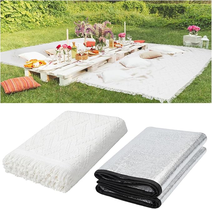 91x 71 in Extra Large Outdoor Picnic Blanket with Waterproof Mat Oversize Beach Woven Cotton Yarn Blanket with Fringe Machine Sandproof for Spring Summer Camping Beach Park(BohoWhite)