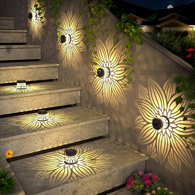 Solar Fence Lights 2 Pack Outdoor Deck Step Wall Lights Metal Waterproof LED Warm Yellow Light for Garden Post Patio Backyard Yard Decor (Flower 2)